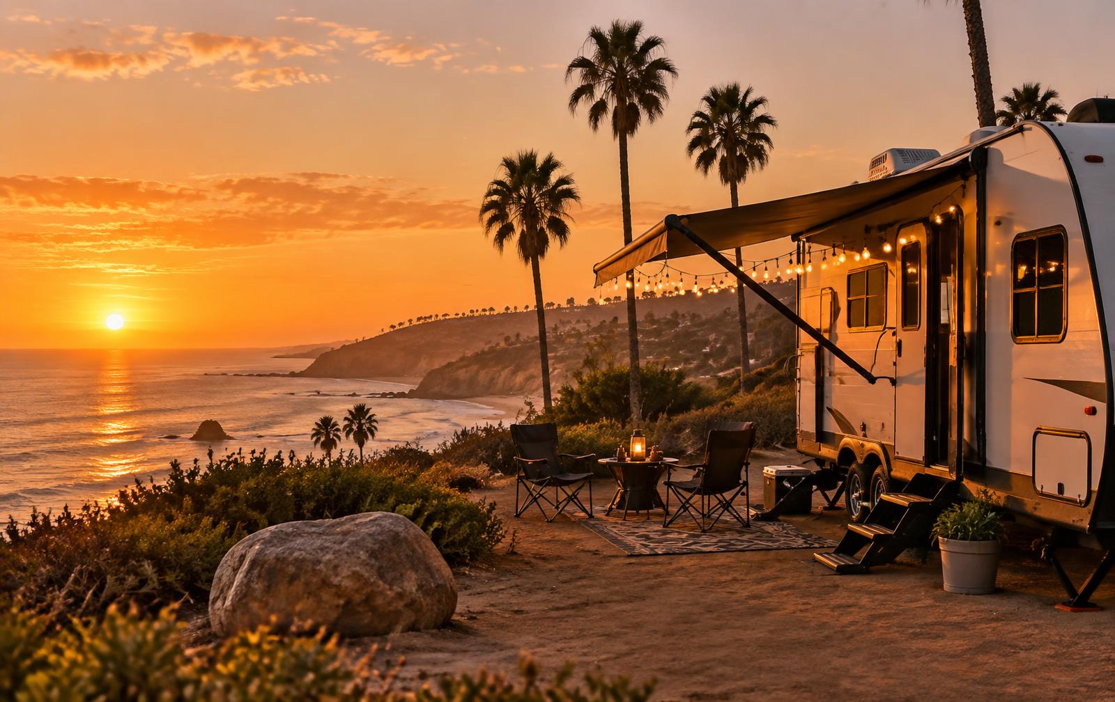 Travel trailer parked on a Huntington Beach bluff at sunset
